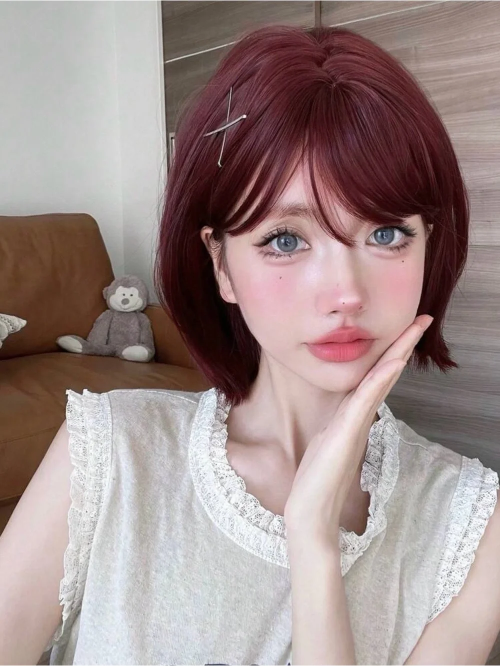 Heat Resistant Burgundy Bob Wig with Bangs 12”